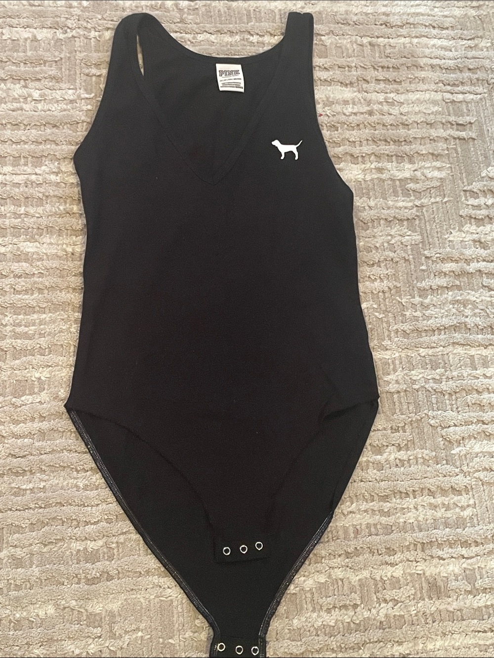 Vintage PINK Victoria's Secret Black Sleeveless  Bodysuit with White Dog Logo